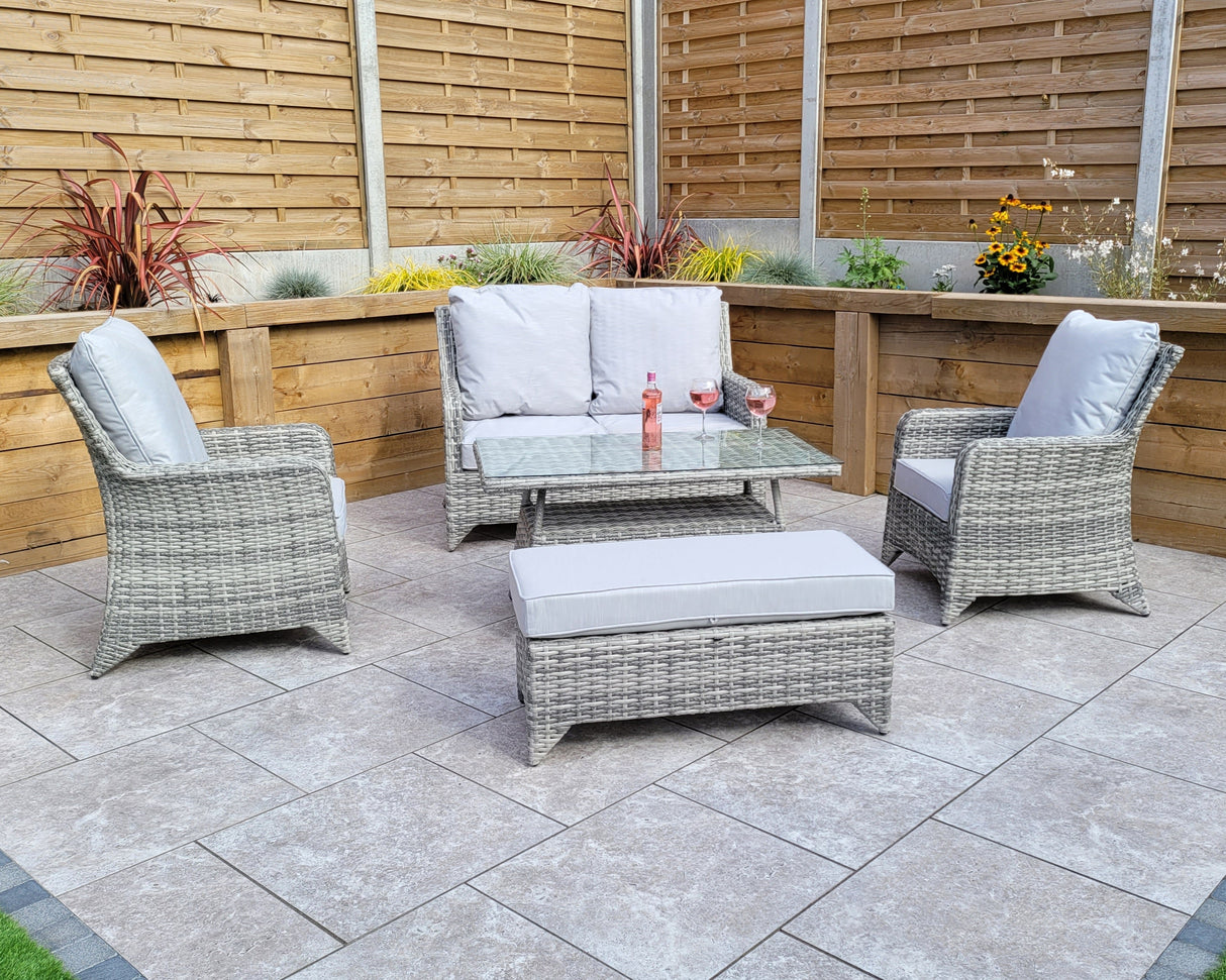 Signature Weave Sarah Six-Seat Sofa Set with High Coffee Table and Ottoman Bench - Grey