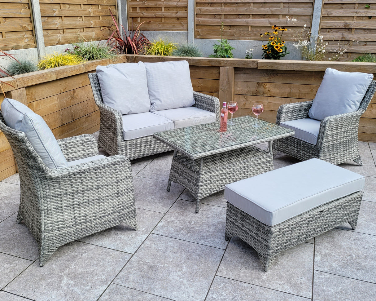 Signature Weave Sarah Six-Seat Sofa Set with High Coffee Table and Ottoman Bench - Grey