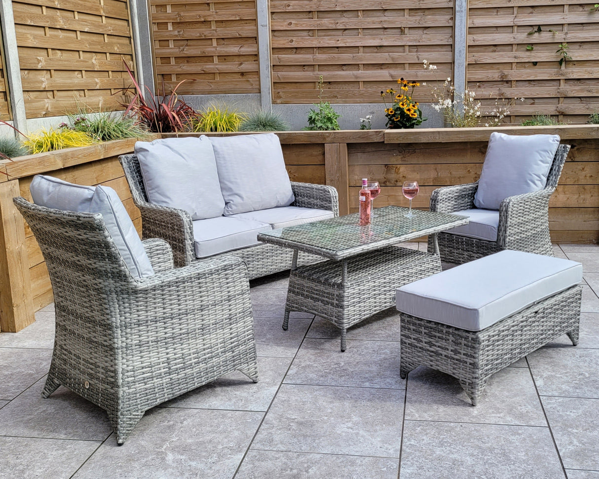 Signature Weave Sarah Six-Seat Sofa Set with High Coffee Table and Ottoman Bench - Grey