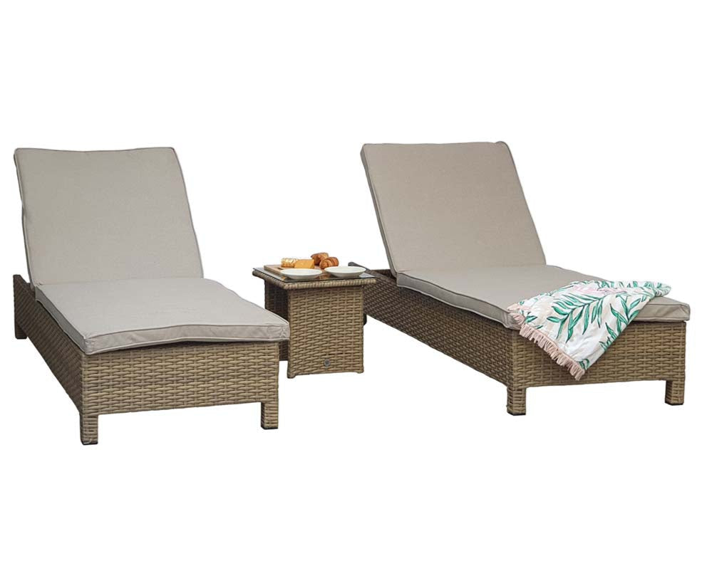 Signature Weave Sarena Sun Loungers Pair with Drinks Table - Nature