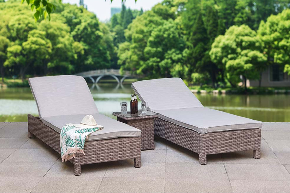 Signature Weave Sarena Sunbed Pair with Drinks Table - Grey Alexandra Weave