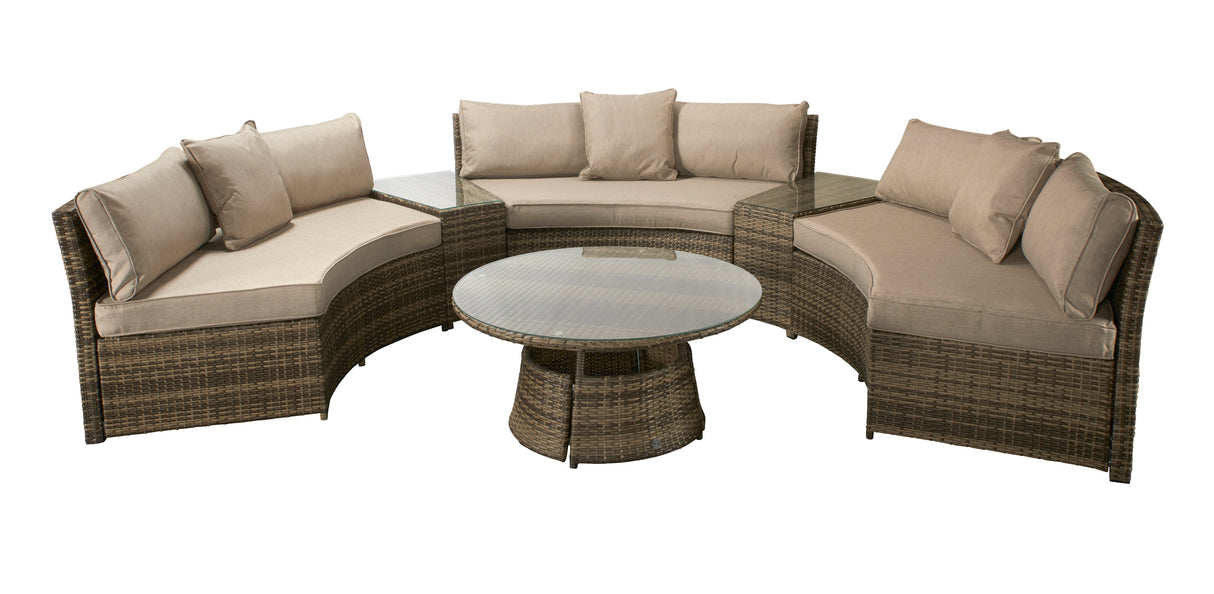 Signature Weave Juliet Half Moon Sofa Set with Glass Top Coffee Table and 2 Drinks Tables - Mixed Brown