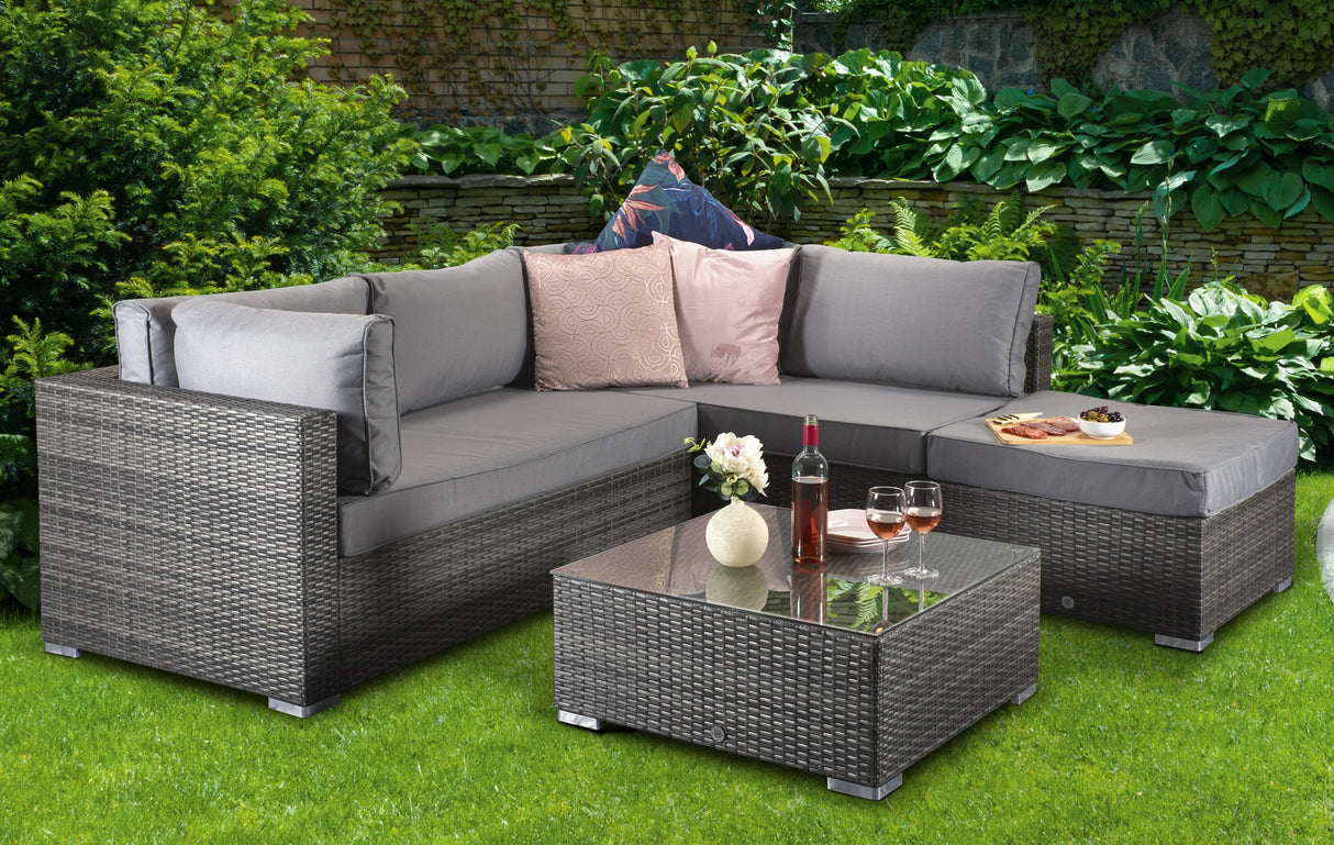 Signature Weave Savannah Corner Sofa Set with Chaise and Glass Top Coffee Table - Grey