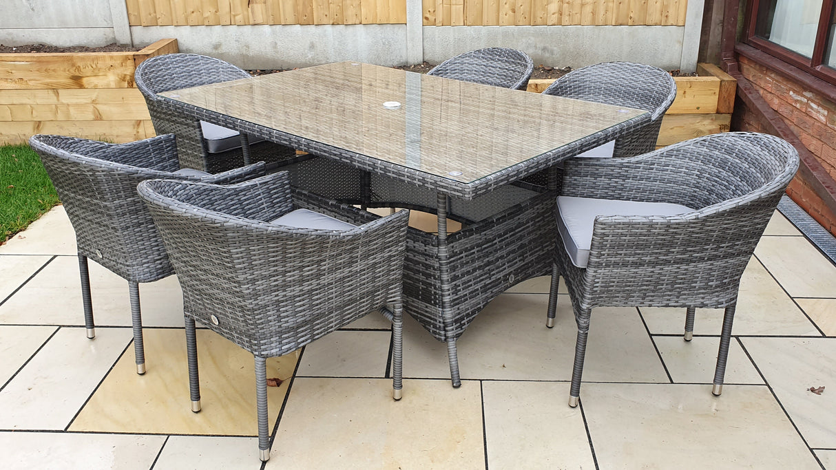 Signature Weave Emily Rectangular Six-Seat Dining Table Set with 6 Stacking Chairs – 8mm Flat Grey Weave