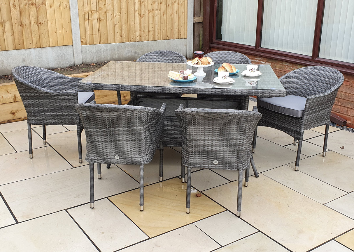 Signature Weave Emily Rectangular Six-Seat Dining Table Set with 6 Stacking Chairs – 8mm Flat Grey Weave